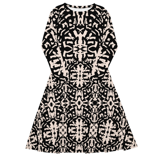 Apparelhueart statement dress, styled with monochrome shoes, full studio shot.